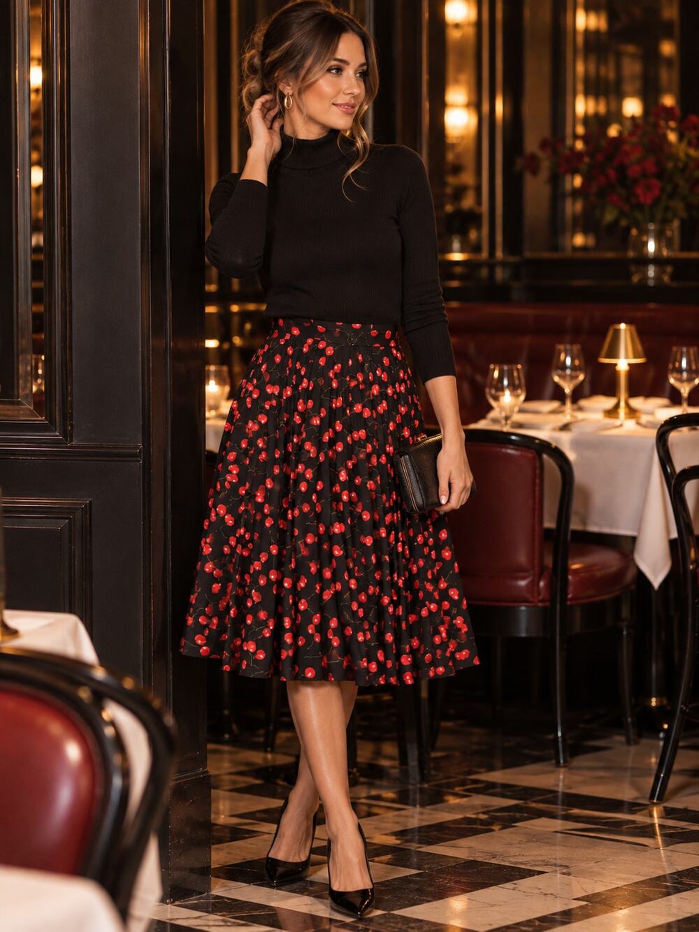 J.CREW Cherry Print Pleated Skirt Black Red Knee Length Preppy A-Line Size 0